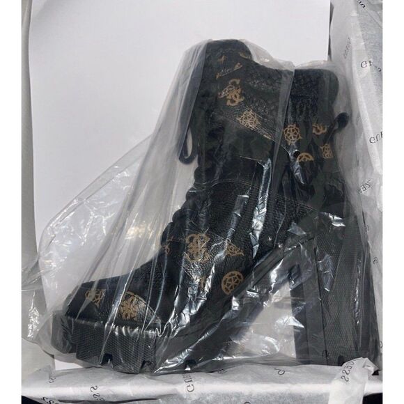 GUESS Womens Black Logo Lug Sole Tadbit Round Toe Block Heel Lace-Up Boots 5 - Picture 2 of 3